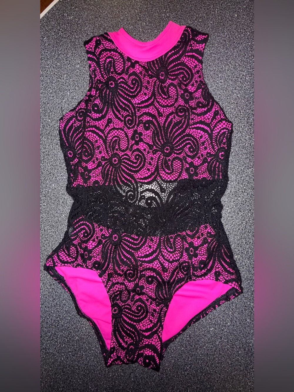 Kandi Kouture Dance Leotard Pink w\ Black Lace Size Adult X-Small